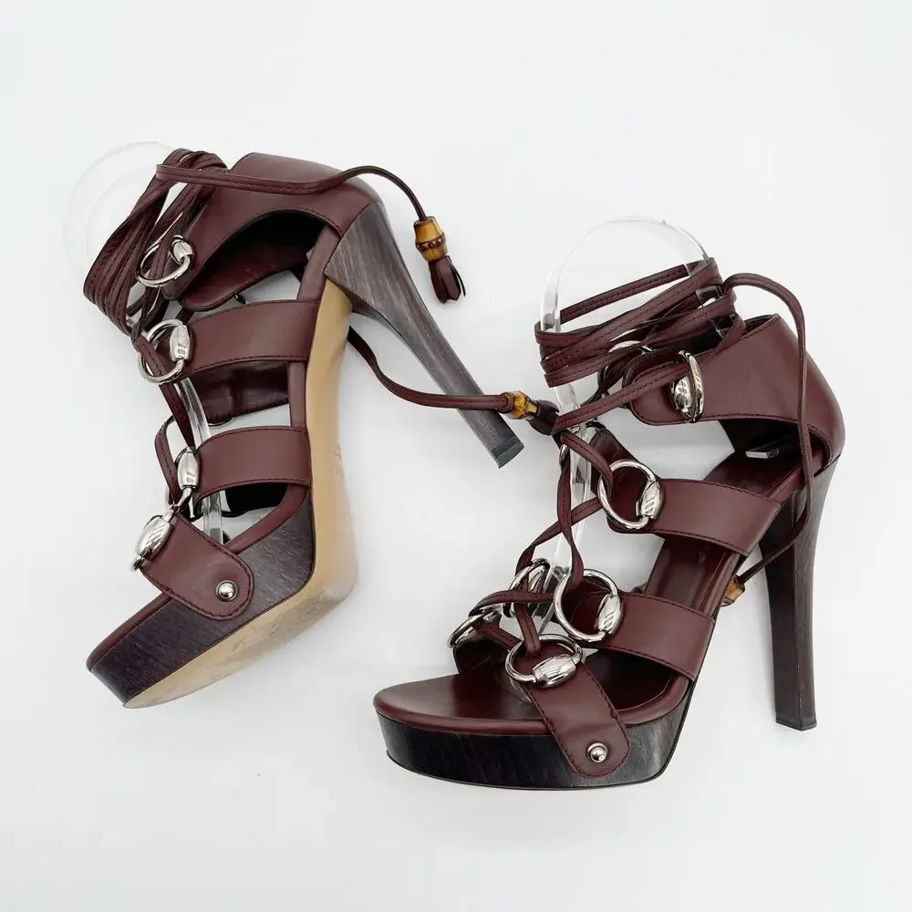Gucci SS2007 Runway Cage Strappy Platform Lace Up Spice Brown Sandals US 7.5